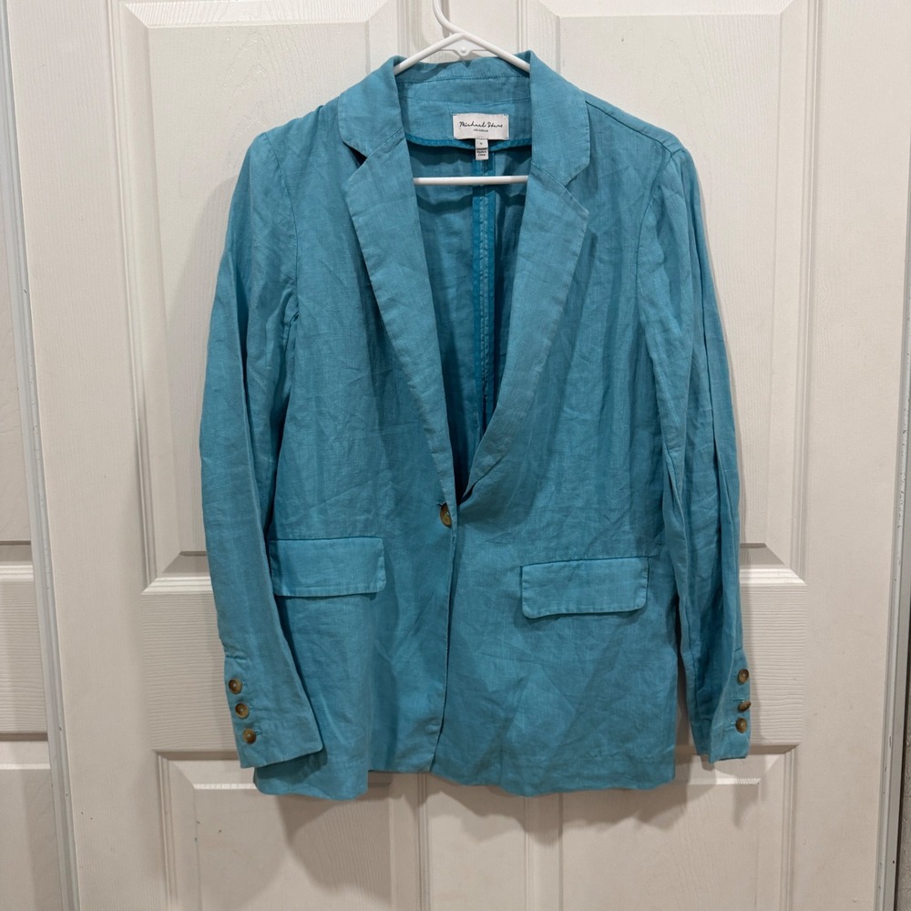 Michael Stars Women Turquoise Blue Linen Single Button Blazer Jacket Size Small